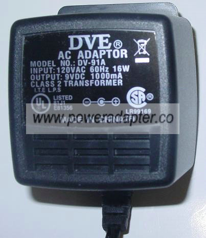 DVE DV-91A AC ADAPTER 9VDC 1000mA 1906HB CLASS 2 TRANSFORMER POW